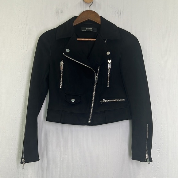 Zara - Black Faux Suede Cropped Moto Biker Long Sleeve Zipper Jacket Size XS - Picture 9 of 11